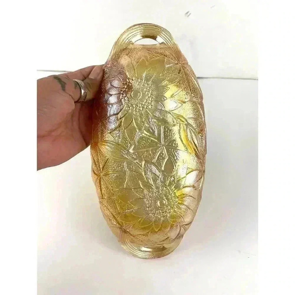 VTG Indiana Carnival Glass Marigold Trinket Dish Handles Embossed Floral Oval - Picture 9 of 11